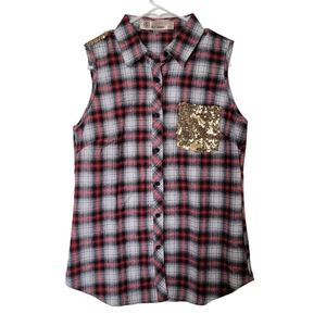 E2 Plaid Sleeveless Top With Gold Sequins